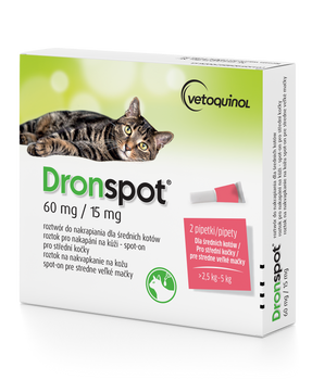 VETOQUINOL Dronspot krople odrobaczające spot-on dla średnich kotów 2,5-5 kg (2 x 0,7 ml)